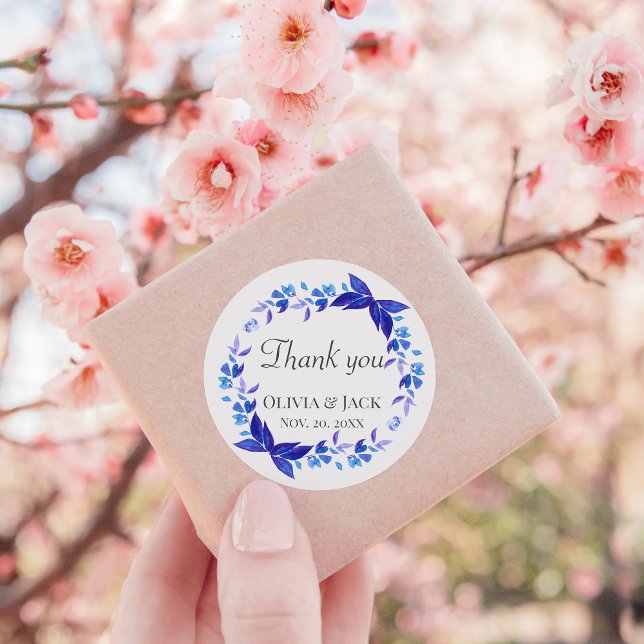 Sticker Merci de mariage Fleur Bleue Faveur (Blue flower wreath wedding thank you circle sticker)