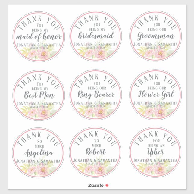 Sticker Merci de mariage Fleur Rose individuel (Feuille)