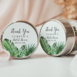 Sticker Merci de palme Tropical Sauvage Faveur<br><div class="desc">Ces palmiers tropicaux sauvages merci douches nuptiales stickers sont parfaits pour un wedding shower sur le thème de la plage. Le design comprend un éventail exotique de feuilles de bananiers d'aquarelle verte, fougères, feuillage, plantes botaniques et verdure pour une sensation tropicale estivale. Personnalisez les étiquettes autocollants avec le nom des...</div>