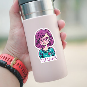 Sticker "MERCI" Jolie fille aux cheveux roses avec lunette