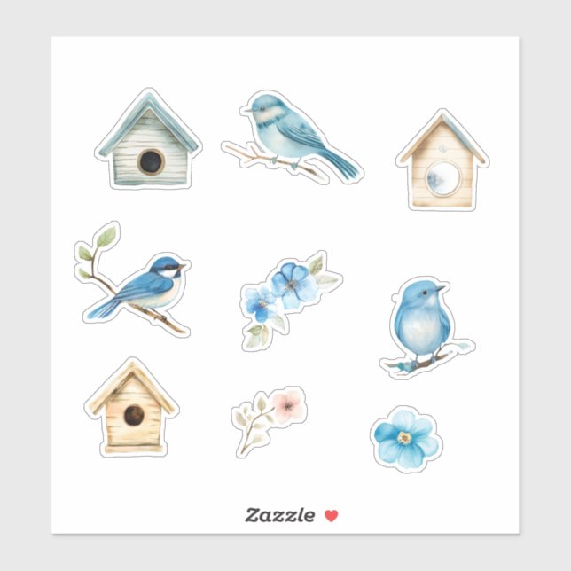 Sticker Merle bleu et nichoirs (Feuille)