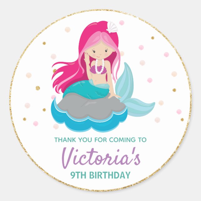 Sticker Mermaid Merci Étiquettes Anniversaire Fave (Devant)