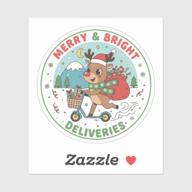 Sticker Merry & Bright Deliveries Renne sur Scooter (Feuille)