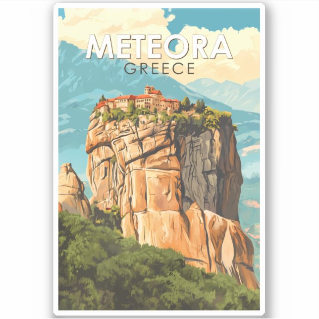 Sticker Meteora Grèce Illustration Voyage Art Rétro (Devant)
