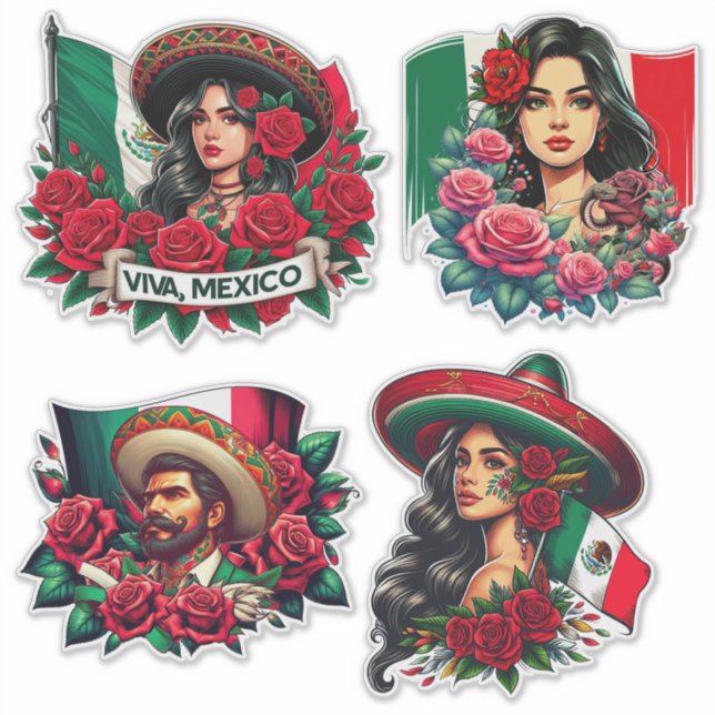 Sticker Mexicaine Fille et homme sombrero mexico Drapeau a (Devant)