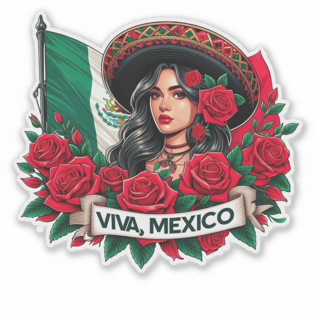 Sticker Mexicaine Fille Viva mexico Illustration du drapea (Devant)