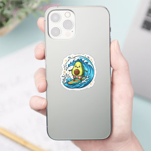 Sticker Mignon Avocat Surfant Kawaii Vague Océanique Été P