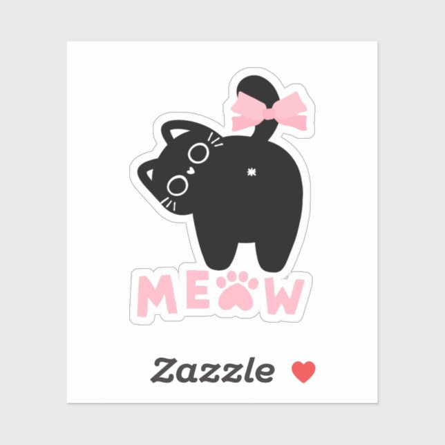 Sticker Mignon Chat “Meow” Rose Kawaii Minou Noir Féminin  (Feuille)