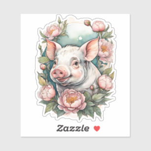 Sticker Mignon Cochon Rose Pivoine animal de compagnie Coc