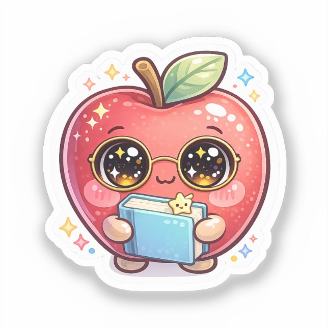 Sticker Mignon Kawaii Apple Intelligent avec des Lunettes  (Recto)