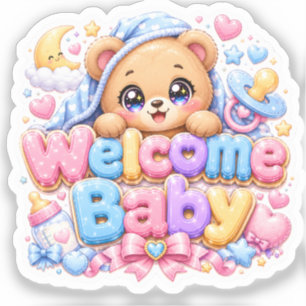 Sticker Mignon Kawaii Bienvenue Bébé Ours en Peluche Rose 