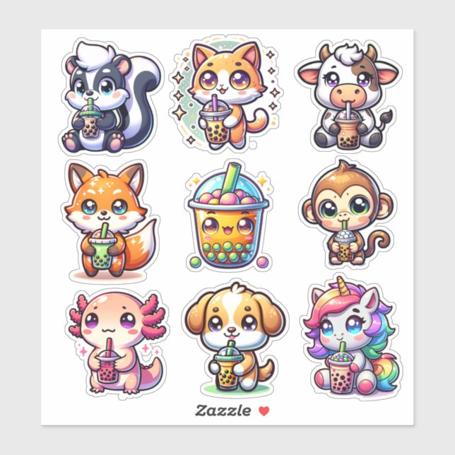 Sticker Mignon Kawaii Bobo Bubble Tea et Animaux (Feuille)