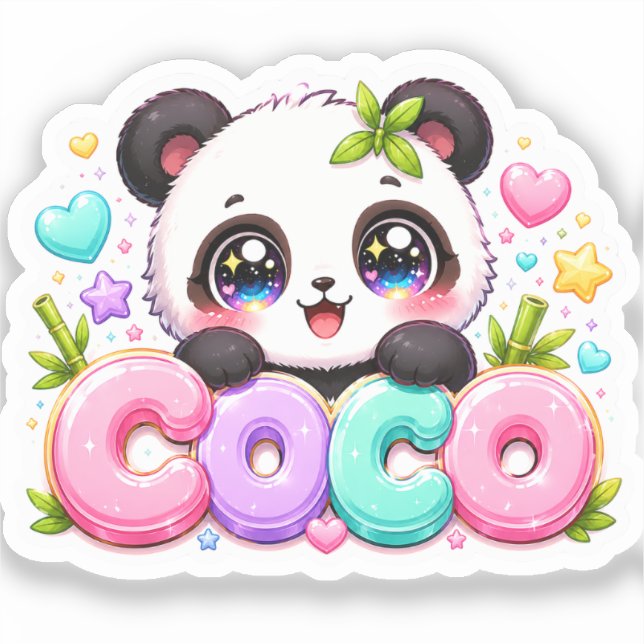 Sticker Mignon Kawaii Coco Panda Nom Pastel Rose Étincelan (Recto)