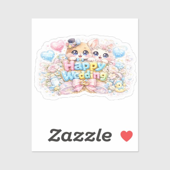 Sticker Mignon Kawaii Couple Animaux Mariage Heureux Paste (Feuille)