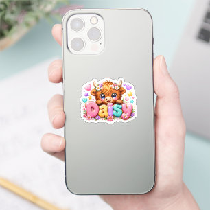 Sticker Mignon Kawaii Daisy Highland Cow Nom Rose Pastel F