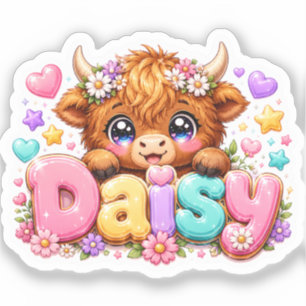 Sticker Mignon Kawaii Daisy Highland Cow Nom Rose Pastel F