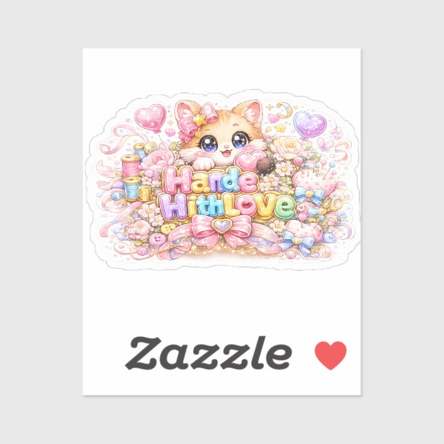 Sticker Mignon Kawaii Fabriqué Avec Amour Chat Nom Pastel  (Feuille)
