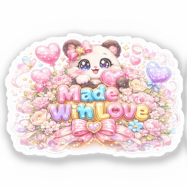 Sticker Mignon Kawaii Fabriqué Avec Amour Chat Nom Pastel  (Recto)