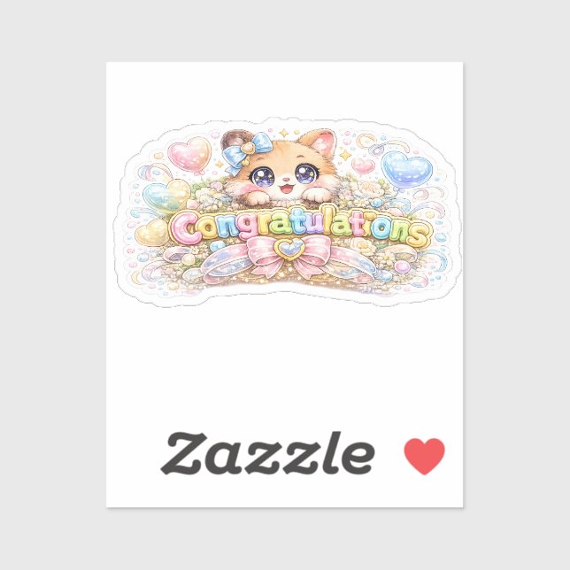 Sticker Mignon Kawaii Félicitations Chat Floral Rose Paste (Feuille)