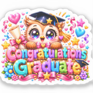 Sticker Mignon Kawaii Félicitations Diplômé Hibou Pastel P