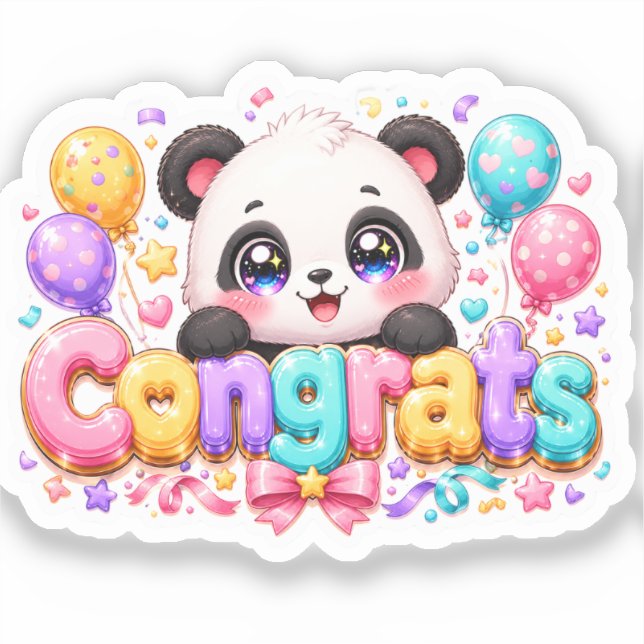 Sticker Mignon Kawaii Félicitations Panda Nom Pastel Rose  (Recto)