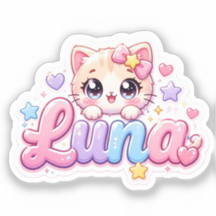 Sticker Mignon Kawaii Luna Nom de Chat Pastel Rose Étincel