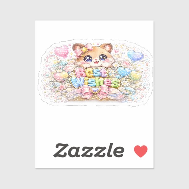 Sticker Mignon Kawaii Meilleurs Vœux Chat Pastel Rose Flor (Feuille)