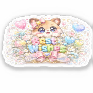 Sticker Mignon Kawaii Meilleurs Vœux Chat Pastel Rose Flor