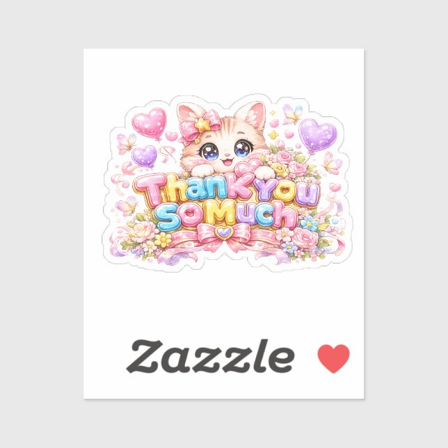 Sticker Mignon Kawaii Merci Beaucoup Nom de Chat Rose Past (Feuille)
