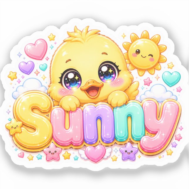 Sticker Mignon Kawaii Sunny Chick Nom Pastel Rose Pailleté (Recto)
