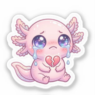 Sticker Mignon Kawaii Triste Axolotl Pleure avec un Cœur B