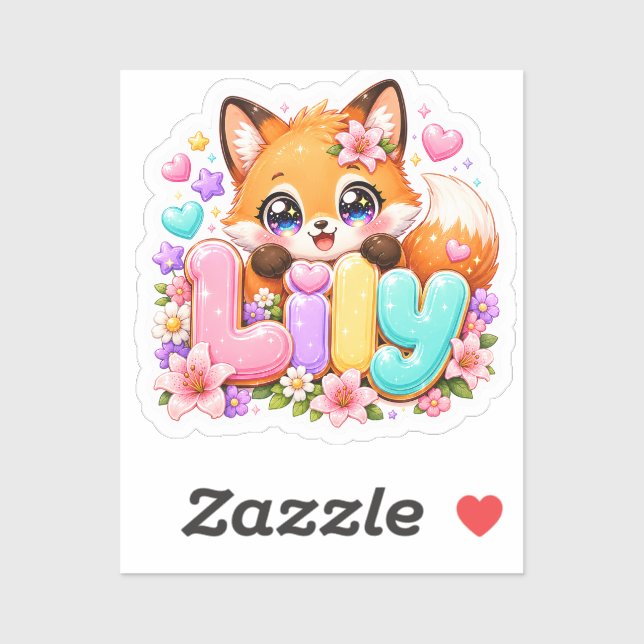 Sticker Mignon Lily Fox Nom Pastel Rose Floral Bois (Feuille)