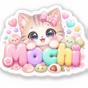 Sticker Mignon Mochi Chat Nom Pastel Rose Étincelant K