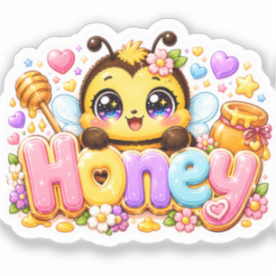 Sticker Mignon Nom d'Abeille Miel Kawaii Rose Pastel Brill