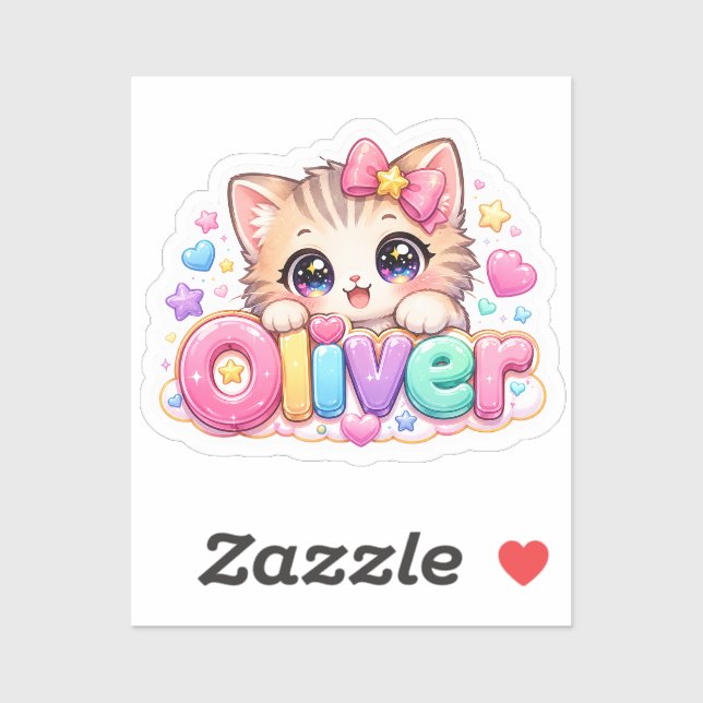 Sticker Mignon Oliver Chat Nom Pastel Rose Pailleté (Feuille)