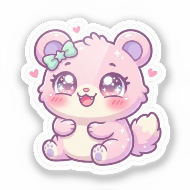 Sticker Mignon Ours Rose Pastel Chibi Chatoune Cœur St (Recto)