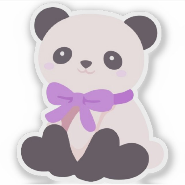 Sticker Mignon Panda Assis Ruban Violet Vinyle Kawaii (Devant)