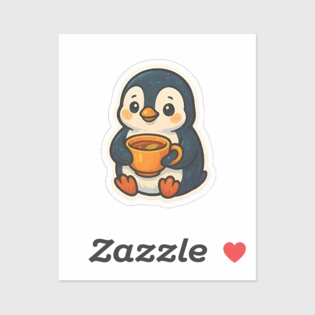 Sticker Mignon pingouin avec une tasse de thé (Feuille)