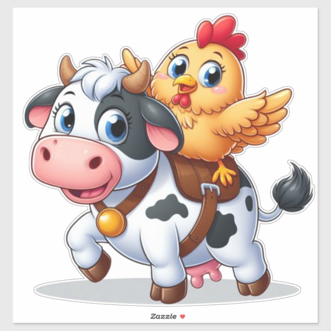 Sticker mignon vache/poulet caricature (Feuille)