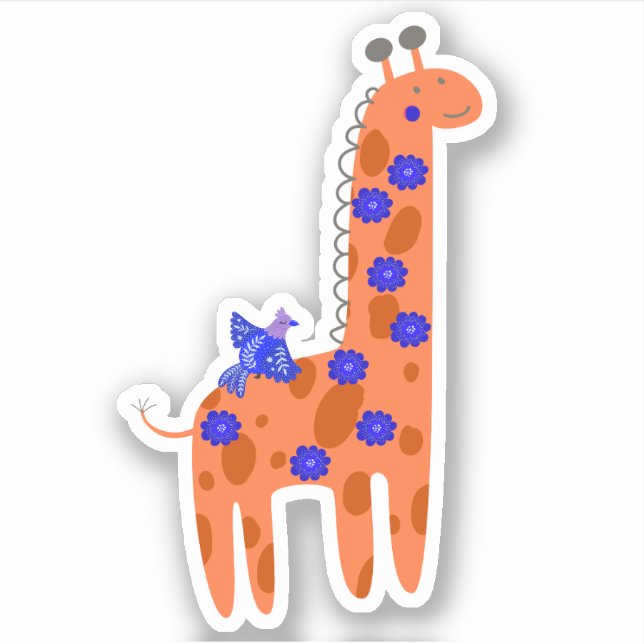 Sticker Mignonne Art populaire Giraffe Oiseau Orange Ordin (Devant)