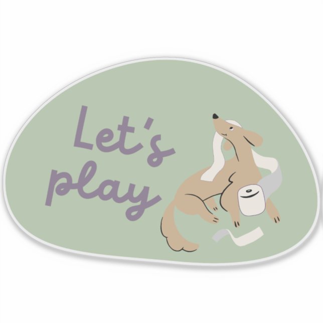 Sticker Mignonne, chien, arrière - plan vert "Jouons !" au (Devant)