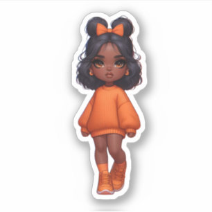 Sticker mignonne fille noire en cravate orange