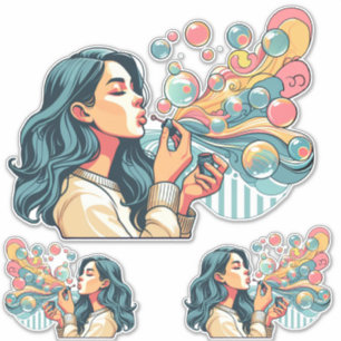 Sticker mignonne fille souffler bulles dessin illustration
