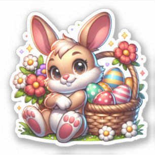 Sticker Mignonne lapin de Pâques Whimsical avec panier