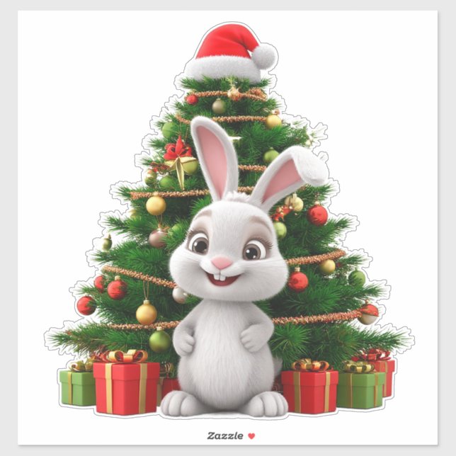 Sticker Mignonne lapin en Casquette de Noël par Arbre Déco (Feuille)