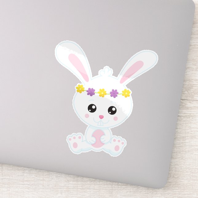 Sticker Mignonne Lapin, Petit Lapin, Lapin Blanc, Fleurs (Détail)