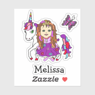 Sticker Mignonne main tiré Princesse et licorne et nom