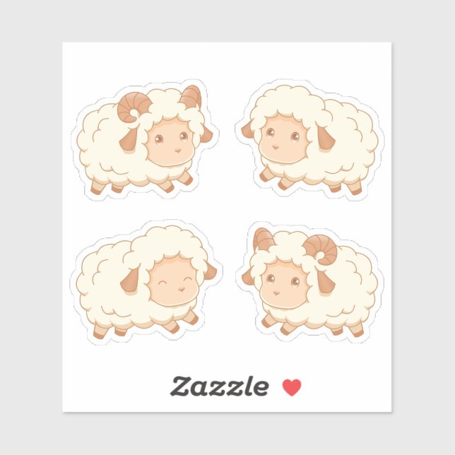 Sticker Mignonne Petite Mouton, Ensemble de 4 (Feuille)