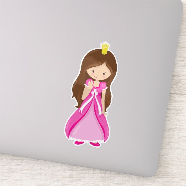 Sticker Mignonne princesse, Couronne, Cheveux Brown, Robe  (Détail)