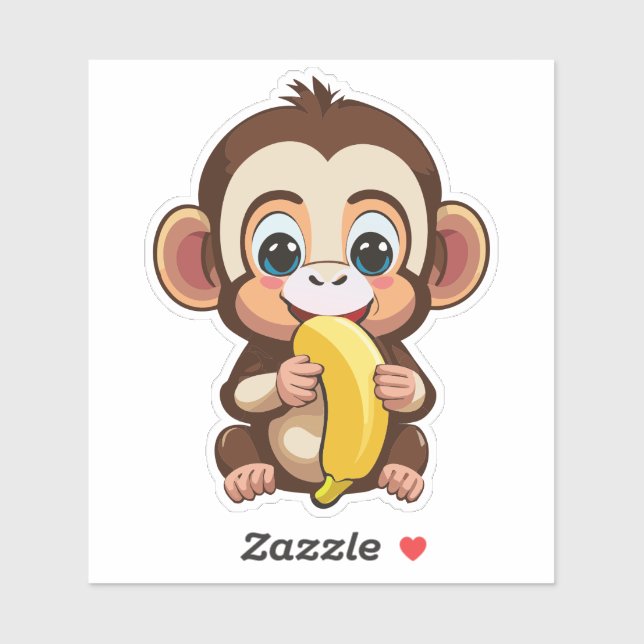 Sticker Mignonne Singe Bébé Avec Sa Banane De Repas Préfér (Feuille)
